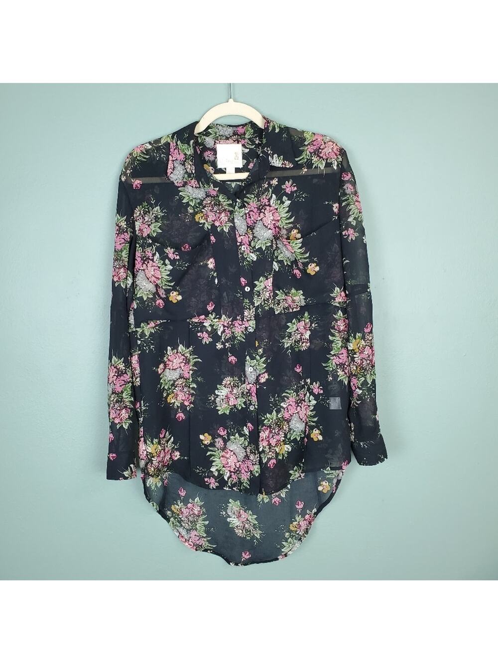Line & Dot Sheer Floral Oversized Button Down Top